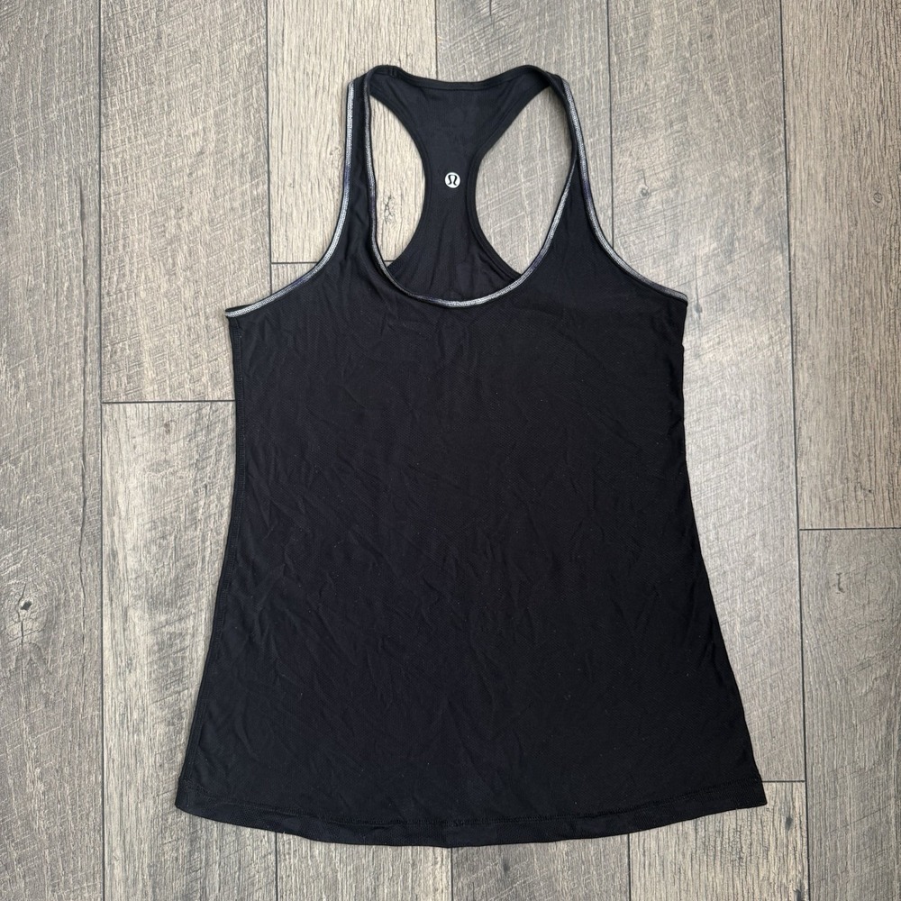 Lululemon Black Racerback Tank Top Floral‎ Mesh Stretch Running Active Women's 8 - Picture 7 of 9